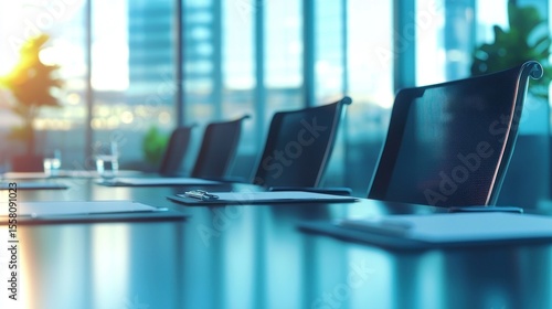 A conference room with a row of empty chairs and a glass of water on a table.