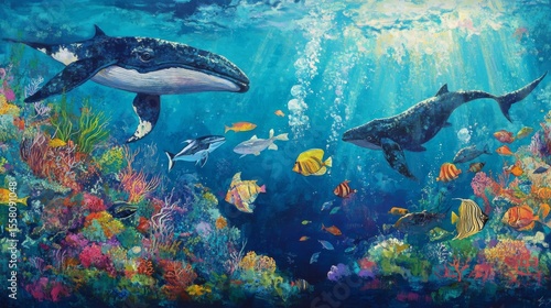 70.A serene underwater world, with flowing seaweed and lush coral, a shoal of colorful fish darting in unison, and majestic whales and manta rays gliding peacefully in the background.