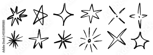 Crayon hand drawn stars and sparkles set. Childish doodle sparks collection. Grunge rough brush stroke shine element pack for collage, poster, sticker, label. Black sketched pencil symbols. Vector