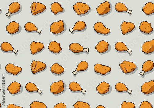 Cartoon Fried Chicken Pattern Crispy Nuggets and Drumsticks on Light Gray.