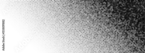 Grunge halftone gradient texture. Black pixelated backdrop. Weathered grit noise background. Damaged glitched print overlay. Fading gritty sand wallpaper. Vector smudged texture template surface