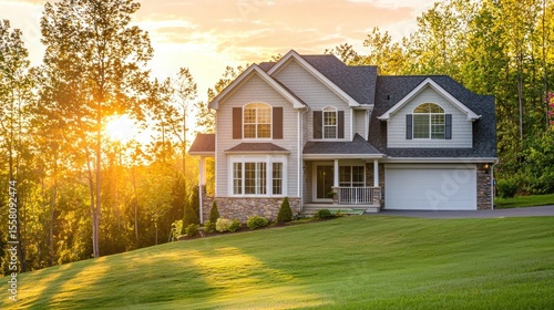 A two-story house with a green lawn and a white garage, surrounded by trees and a clear sky with a setting sun.