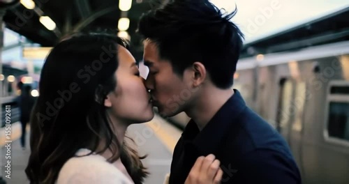 Urban Romance A Deep Kiss Captured at the Train Station, Celebrating Love and Connection