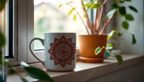 White mug with floral mandala design in earthy tones, placed on a windowsill with indoor plants and filtered morning light 2