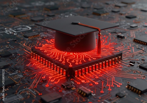 electronic circuit board with processor, Modern concept for learning innovation, future career, smart technology. Graduation cap atop circuit board education tech integration. Digital transformation, 