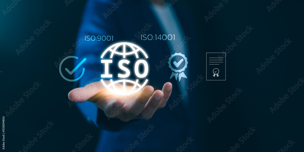 Fototapeta premium ISO 9001 and ISO 14001 Certification Concept for Quality and Environmental Management Systems. Quality assurance and business efficiency. ISO organizational credibility and regulatory compliance.