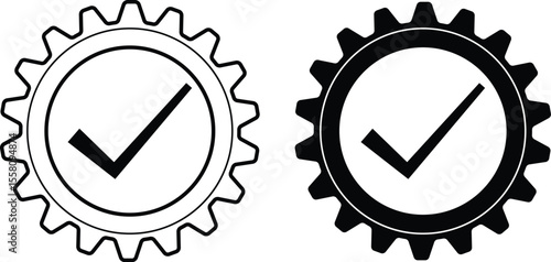 Gear with checkmark icon represents approval and mechanical success