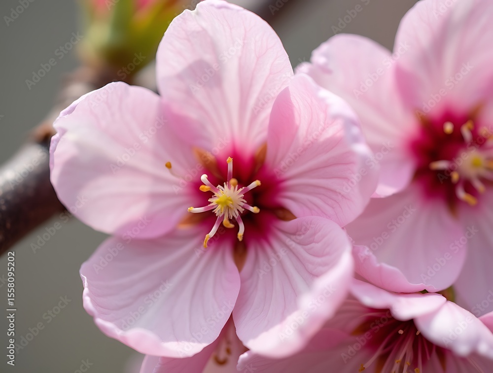 A close-up photograph of a blooming cherry blossom, with pink petals and a fuzzy stamen A close-up photograph of a blooming cherry blossom, with pink petals and a fuzzy stamen