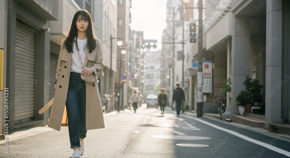 Fototapeta premium Urban Trench Coat Woman Portrait - Stylish Street Fashion Walk