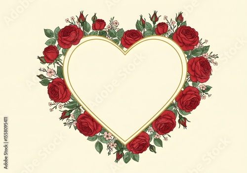 Elegant Heart Shaped Floral Frame with Red Roses and Delicate Blooms: Romantic Design for Valentines Day Cards or Wedding Invitations