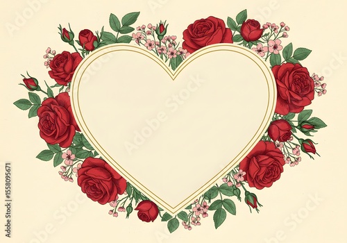 Elegant Heart Shaped Frame Adorned with Exquisite Red Roses and Delicate Pink Flowers Romantic Vintage Floral Design