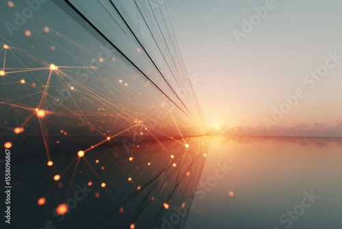Digital network grid structure with glowing interconnected points and sunrise reflection, symbolizing advanced connectivity in modern technology and innovation
