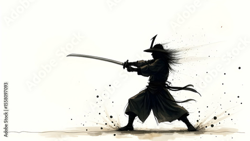 A silhouetted samurai warrior swiftly draws his katana sword against a stark white background with motion trails.