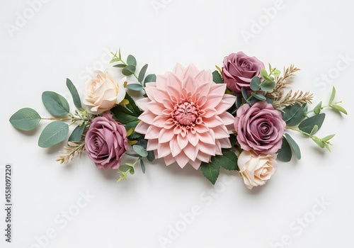Elegant Floral Arrangement: Pastel Roses, Dahlias, and Eucalyptus on White Background