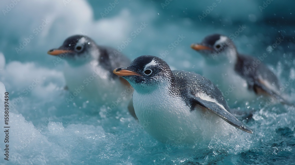 Fototapeta premium Penguins slide on ice profile