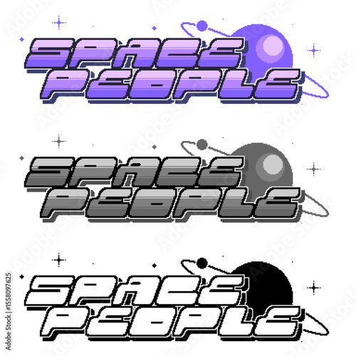 Y2K Grape Purple Colored "Space People" Bold Futuristic Typography with Flat Style Saturn, Pixel Art Banner Illustration with Grayscale Variant
