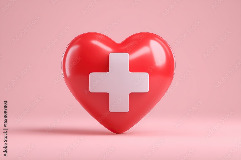 Obraz premium 3D render, heart shape, medical cross, red heart, white cross, health symbol, glossy texture, A symbolic red heart with a white medical cross rests on a soft pink backdrop, 32k Resolution