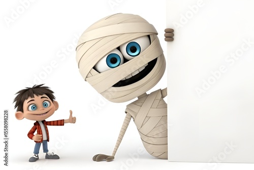 Cartoon Mummy Character Giving Thumbs-Up Behind Blank Panel – 3D Halloween Illustration