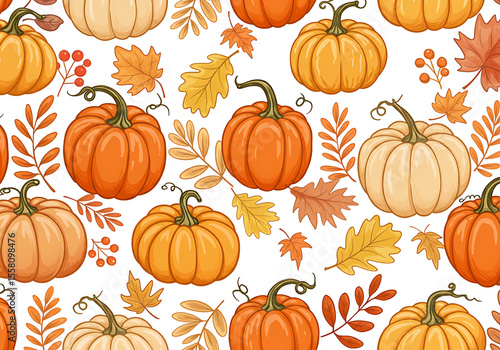 Cartoon Pumpkins and Autumn Leaves Seamless Pattern on White Background.