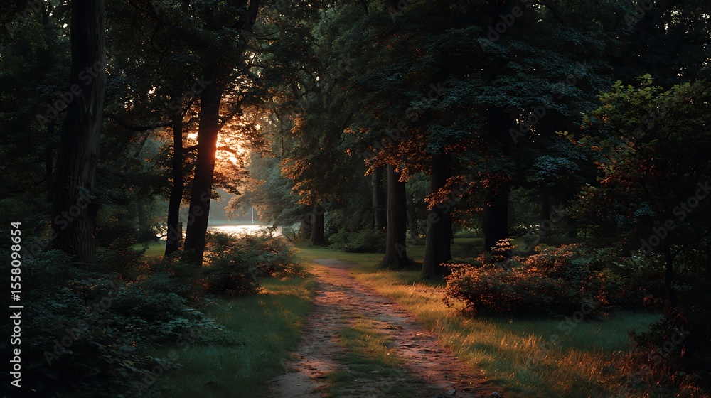 Obraz premium Sunlit park path at dusk