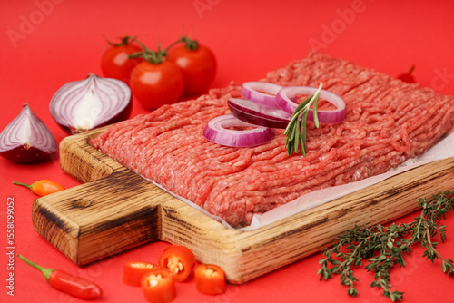 Wooden board of fresh mince...