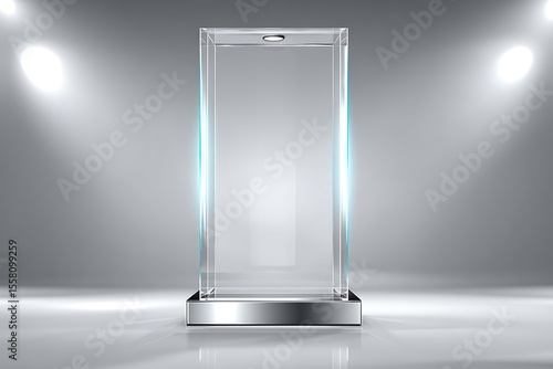 Empty glass display case on a metal stand