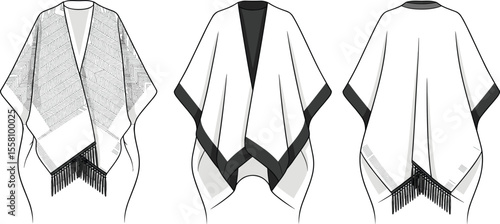 Women's poncho flat sketch template, fashion technical illustration with front and back views, fringe hem design, vector drawing for apparel

 flat vector illustration