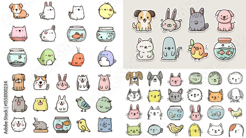 Cute hand-drawn animal and fishbowl illustrations, perfect for nursery decor, sticker sets, and educational materials for kids.

