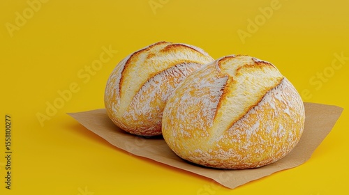 Wallpaper Mural Two Golden Brown Coconut Bread Rolls on Yellow Background Torontodigital.ca