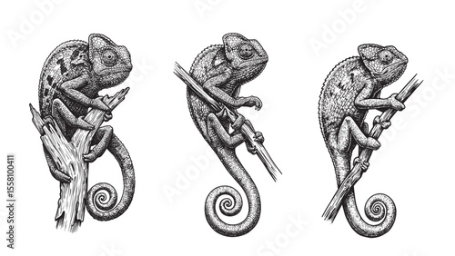 Chameleon vintage engraving on tree branch with curled tail detailed hand-drawn vector style