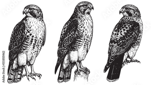 Fierce red-tailed hawk vintage engraving with sharp talons and focused gaze