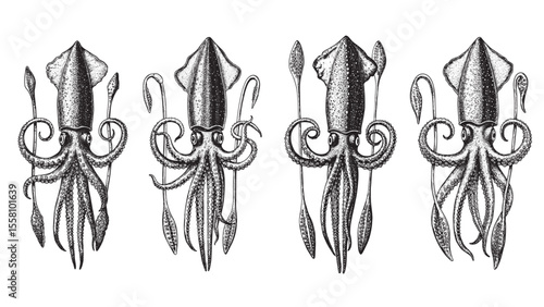 Mysterious giant squid vintage engraving with long tentacles and textured skin