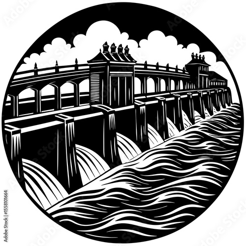 Artistic Silhouette of River Barrage on White Background