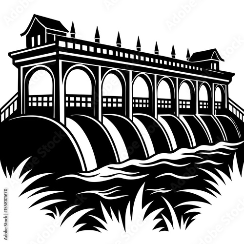 Artistic Silhouette of River Barrage on White Background