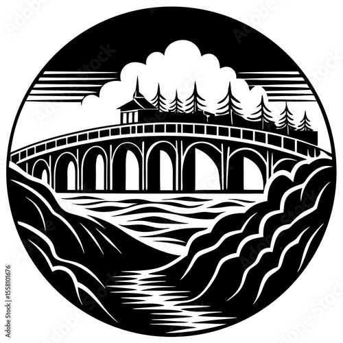 Artistic Silhouette of River Barrage on White Background