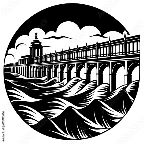 Artistic Silhouette of River Barrage on White Background