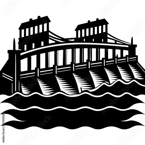 Artistic Silhouette of River Barrage on White Background
