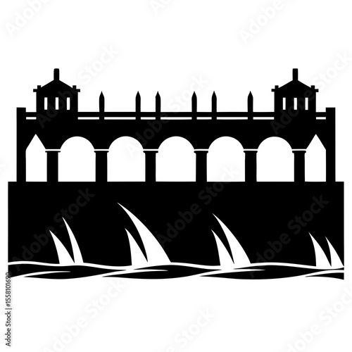 Artistic Silhouette of River Barrage on White Background