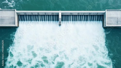 Aerial view of a large concrete dam releasing water into a deep blue river below.