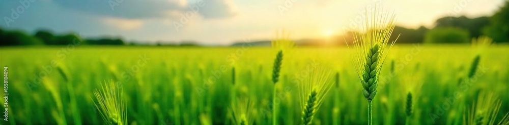 Fototapeta premium Sunlit Wheat Field Gently Swaying in Summer Breeze, Picturesque Agricultural Landscape, Untouched Nature
