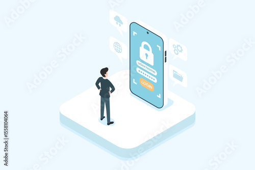 Account login, username and password on smartphone screen, Sign in to account, isometric concept, flat design.