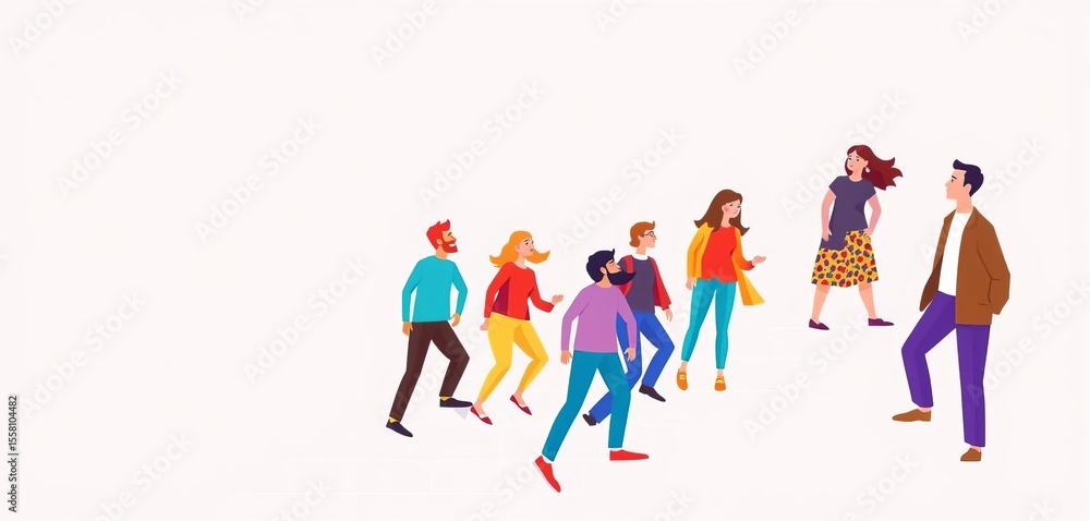 Diverse team ascends steps, following confident leader Flat vector illustration, inclusion, vector Diverse team ascends steps, following confident leader Flat vector illustration, inclusion, vector