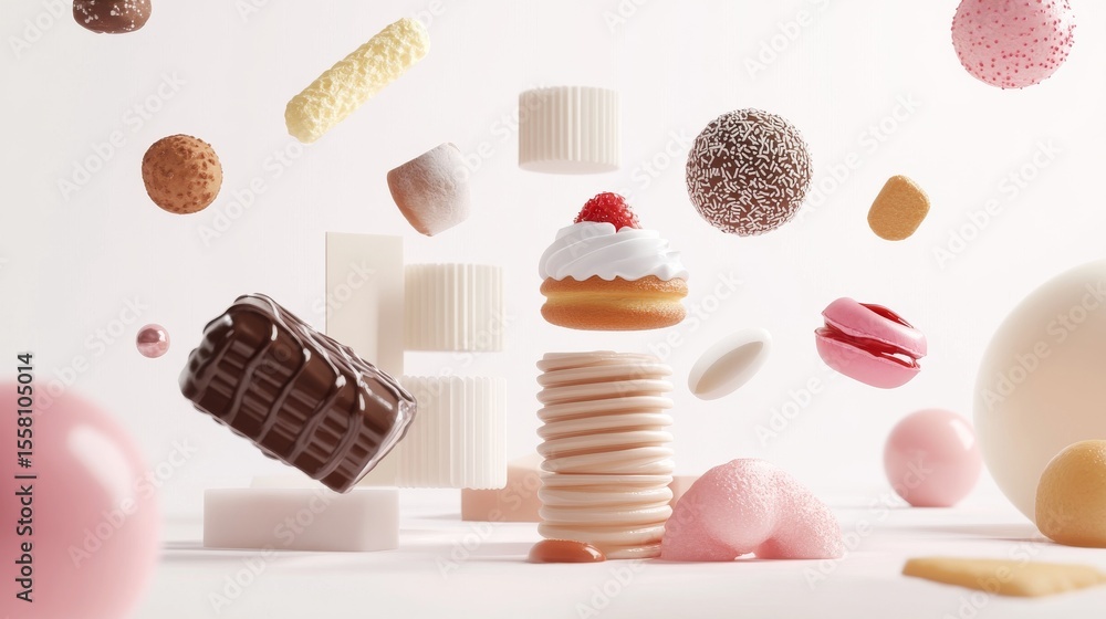 Obraz premium Modern sweets icon arrangement, sculpted 3d style, smooth gradient textures, floating dessert elements, minimalist color scheme, clean design aesthetic, pure white environment, professional product
