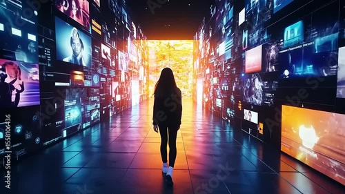 A person walking through a digital corridor filled with vibrant screens showcasing various media