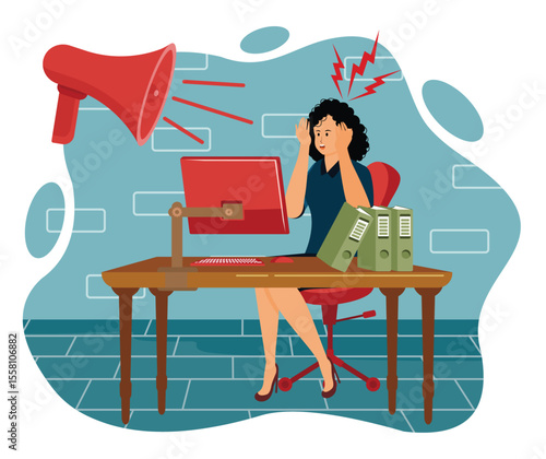 Stress concept. Stressed Female Employee Struggling With Noise Distraction in Office Environment.