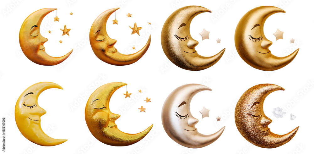 Obraz premium Whimsical Moon and Star Characters in Various Gold Shades, Isolated on Transparent, white background