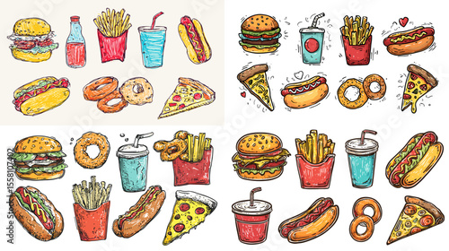 Colorful hand-drawn doodle fast food set with burgers, hot dogs, fries, pizza, pretzels, and soda—perfect for food delivery, menu, and snack-related designs.

