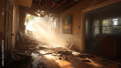 and keyword list for the image

 Ceiling collapse in damaged interior, sunlight flooding room after structural failure