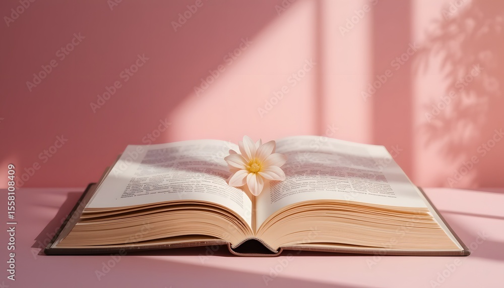 Obraz premium white flower on an open book in soft pink background