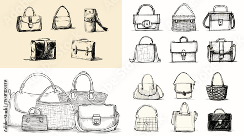 Elegant hand-drawn handbag illustrations in various styles, from satchels to clutches, perfect for fashion branding, product design, and accessories marketing.

